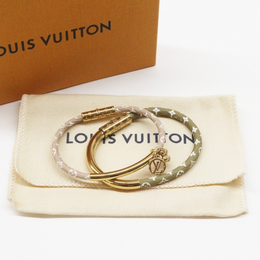 Louis Vuitton 2pc Duogram Khaki Beige Leather Bracelet Set! - Picture 4 of 12